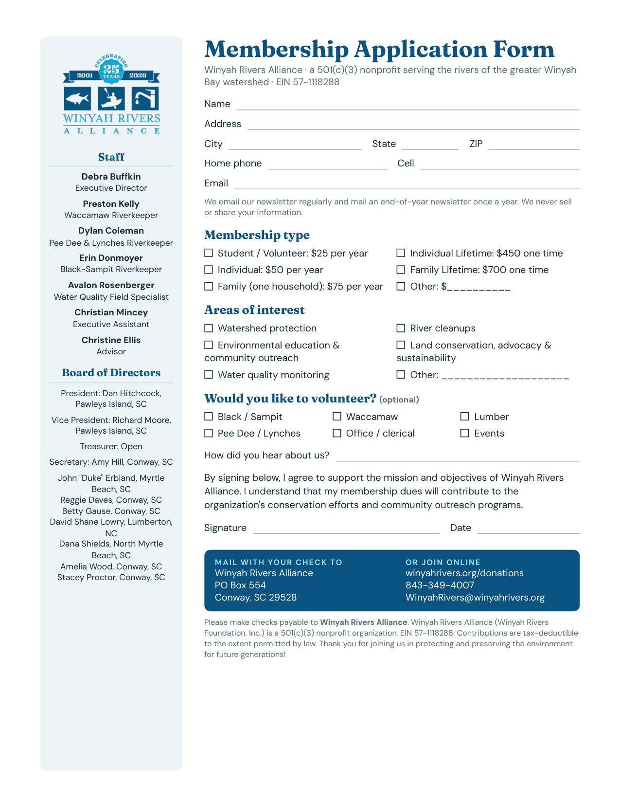 Winyah Rivers Alliance membership application form