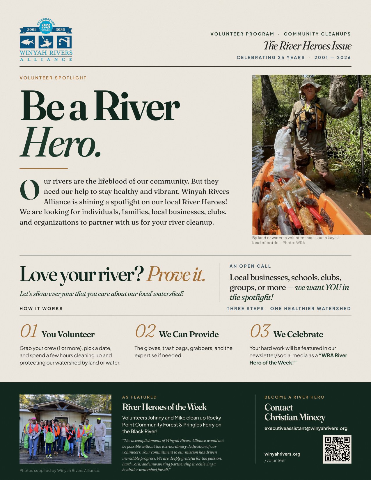 Be a River Hero flyer from Winyah Rivers Alliance explaining how to volunteer for a river cleanup, with contact details for Christian Mincey.